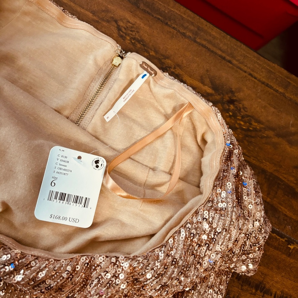 🥂Free People New Frida Ruffle Mini Dress Sequined Bronze 6 Cocktail Party - Picture 8 of 13